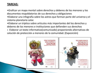 TAREAS:
•Graficar un mapa mental sobre derechos y deberes de los menores y los
documentos respaldatorios de sus derechos y obligaciones
•Elaborar una infografía sobre los astros que forman parte del universo y el
sistema planetario solar.
•Elaborar un tríptico sobre artículos más importantes del los derechos y
deberes de los menores e instituciones que defienden sus derechos
• Elaborar un texto informativo(comunicado) proponiendo alternativas de
solución de protección a menores de la comunidad. (Exposición)
 