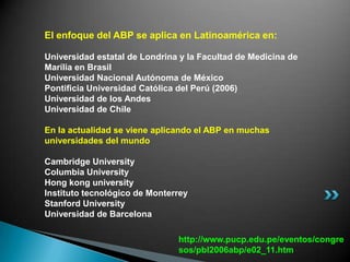 El enfoque del ABP se aplica en Latinoamérica en:

Universidad estatal de Londrina y la Facultad de Medicina de
Marília en Brasil
Universidad Nacional Autónoma de México
Pontificia Universidad Católica del Perú (2006)
Universidad de los Andes
Universidad de Chile

En la actualidad se viene aplicando el ABP en muchas
universidades del mundo

Cambridge University
Columbia University
Hong kong university
Instituto tecnológico de Monterrey
Stanford University
Universidad de Barcelona

                               http://www.pucp.edu.pe/eventos/congre
                               sos/pbl2006abp/e02_11.htm
 