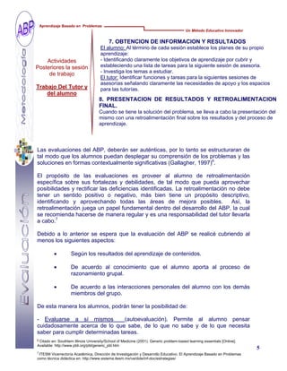 Actividades
Posteriores la sesión
de trabajo
Trabajo Del Tutor y
del alumno
7. OBTENCION DE INFORMACION Y RESULTADOS
El alumno: Al término de cada sesión establece los planes de su propio
aprendizaje:
- Identificando claramente los objetivos de aprendizaje por cubrir y
estableciendo una lista de tareas para la siguiente sesión de asesoria.
- Investiga los temas a estudiar.
El tutor: Identificar funciones y tareas para la siguientes sesiones de
asesorías señalando claramente las necesidades de apoyo y los espacios
para las tutorías.
8. PRESENTACION DE RESULTADOS Y RETROALIMENTACION
FINAL.
Cuando se tiene la solución del problema, se lleva a cabo la presentación del
mismo con una retroalimentación final sobre los resultados y del proceso de
aprendizaje.
5
Un Método Educativo Innovador
Aprendizaje Basado en Problemas
Las evaluaciones del ABP, deberán ser auténticas, por lo tanto se estructuraran de
tal modo que los alumnos puedan desplegar su comprensión de los problemas y las
soluciones en formas contextualmente significativas (Gallagher, 1997)6
.
El propósito de las evaluaciones es proveer al alumno de retroalimentación
específica sobre sus fortalezas y debilidades, de tal modo que pueda aprovechar
posibilidades y rectificar las deficiencias identificadas. La retroalimentación no debe
tener un sentido positivo o negativo, más bien tiene un propósito descriptivo,
identificando y aprovechando todas las áreas de mejora posibles. Así, la
retroalimentación juega un papel fundamental dentro del desarrollo del ABP, la cual
se recomienda hacerse de manera regular y es una responsabilidad del tutor llevarla
a cabo.7
Debido a lo anterior se espera que la evaluación del ABP se realicé cubriendo al
menos los siguientes aspectos:
• Según los resultados del aprendizaje de contenidos.
• De acuerdo al conocimiento que el alumno aporta al proceso de
razonamiento grupal.
• De acuerdo a las interacciones personales del alumno con los demás
miembros del grupo.
De esta manera los alumnos, podrán tener la posibilidad de:
- Evaluarse a sí mismos (autoevaluación). Permite al alumno pensar
cuidadosamente acerca de lo que sabe, de lo que no sabe y de lo que necesita
saber para cumplir determinadas tareas.
6
Citado en: Southtern Illinois University/School of Medicine (2001). Generic problem-based learning essentials [Online].
Available: http://www.pbli.org/pbl/generic_pbl.htm
7
ITESM Vicerrectoría Académica, Dirección de Investigación y Desarrollo Educativo. El Aprendizaje Basado en Problemas
como técnica didáctica en: http://www.sistema.itesm.mx/va/dide/inf-doc/estrategias/
 