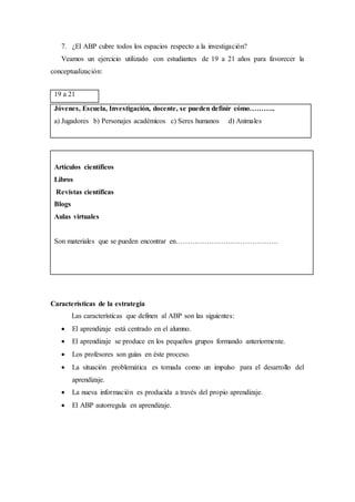 7. ¿El ABP cubre todos los espacios respecto a la investigación?
Veamos un ejercicio utilizado con estudiantes de 19 a 21 años para favorecer la
conceptualización:
Jóvenes, Escuela, Investigación, docente, se pueden definir cómo………..
a) Jugadores b) Personajes académicos c) Seres humanos d) Animales
Artículos científicos
Libros
Revistas científicas
Blogs
Aulas virtuales
Son materiales que se pueden encontrar en…………………………………….
Características de la estrategia
Las características que definen al ABP son las siguientes:
 El aprendizaje está centrado en el alumno.
 El aprendizaje se produce en los pequeños grupos formando anteriormente.
 Los profesores son guías en éste proceso.
 La situación problemática es tomada como un impulso para el desarrollo del
aprendizaje.
 La nueva información es producida a través del propio aprendizaje.
 El ABP autorregula en aprendizaje.
19 a 21
 