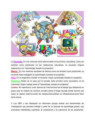 e) Fernanda: En mis vivencias como alumna tanto en la primaria, secundaria, como así
también como practicante en las instituciones educativas, no recuerdo ninguna
experiencia con “Aprendizaje basado en proyectos”.
Marcia: En mis vivencias escolares de alumna como así también como practicante, no
recuerdo haber trabajado en aprendizajes basados en proyectos.
Elisa: En mi trayectoria escolar no recuerdo ningún aprendizaje basado en proyectos.
Florencia: Dentro de mi paso por la escuela, tanto primaria como secundaria, no he
vivenciado ningún trabajo sobre el ”Aprendizaje basado en proyectos”.
Lorena: Mi experiencia como alumna de nivel terciaria fue el trabajo que realizamos en
grupo para la materia de ciencias sociales sobre el hogar escuela donde tuvimos que
hacer un rastreo histórico,visitar las instalaciones,analizar su infraestructura,tomar fotos
de la misma.
f- Los ABP y las Webquest se relacionan porque ambas son herramientas de
investigación que permiten trabajar a partir de un proceso de aprendizaje guiado, que
promueven habilidades cognitivas, la cooperación y la autonomía de los estudiantes.
 