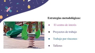 Estrategias metodológicas:
● El centro de interés
● Proyectos de trabajo
● Trabajo por rincones
● Talleres
 