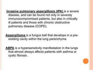Invasive pulmonary aspergillosis (IPA) is a severe
disease, and can be found not only in severely
immunocompromised patients, but also in critically
ill patients and those with chronic obstructive
pulmonary disease (COPD).
Aspergilloma is a fungus ball that develops in a pre-
existing cavity within the lung parenchyma
ABPA is a hypersensitivity manifestation in the lungs
that almost always affects patients with asthma or
cystic fibrosis .
 