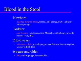 Blood in the Stool
Newborn
– ingested maternal blood, formula intolerance, NEC, volvulus,
Hirschsprung’s
Toddler
– anal fissures, infectious colitis, Meckel’s, milk allergy, juvenile
polyps, HUS, IBD
2 to 6 years
– infectious colitis, juvenile polyps, anal fissures, intussusception,
Meckel’s, IBD, HSP
6 years and older
– IBD, colitis, polyps, hemorrhoids
 
