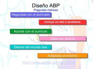Diseño ABP
Preguntas motrices
Negociada con el alumnado
Incluye un reto o problema
Acorde con el curriculo
Dilema del mundo real
Debe ser abierta
Adaptada al entorno
https://sites.google.com/site/tubric/
 