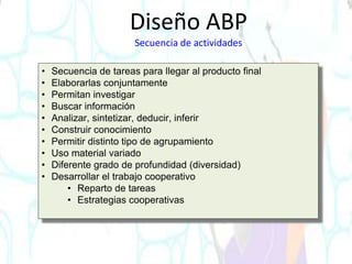 • Secuencia de tareas para llegar al producto final
• Elaborarlas conjuntamente
• Permitan investigar
• Buscar información
• Analizar, sintetizar, deducir, inferir
• Construir conocimiento
• Permitir distinto tipo de agrupamiento
• Uso material variado
• Diferente grado de profundidad (diversidad)
• Desarrollar el trabajo cooperativo
• Reparto de tareas
• Estrategias cooperativas
Diseño ABP
Secuencia de actividades
 