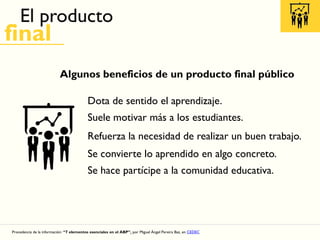 El producto
final
Algunos beneficios de un producto final público
Procedencia de la información: “7 elementos esenciales en el ABP”, por Miguel Ángel Pereira Baz, en CEDEC
Dota de sentido el aprendizaje.
Suele motivar más a los estudiantes.
Refuerza la necesidad de realizar un buen trabajo.
Se convierte lo aprendido en algo concreto.
Se hace partícipe a la comunidad educativa.
 