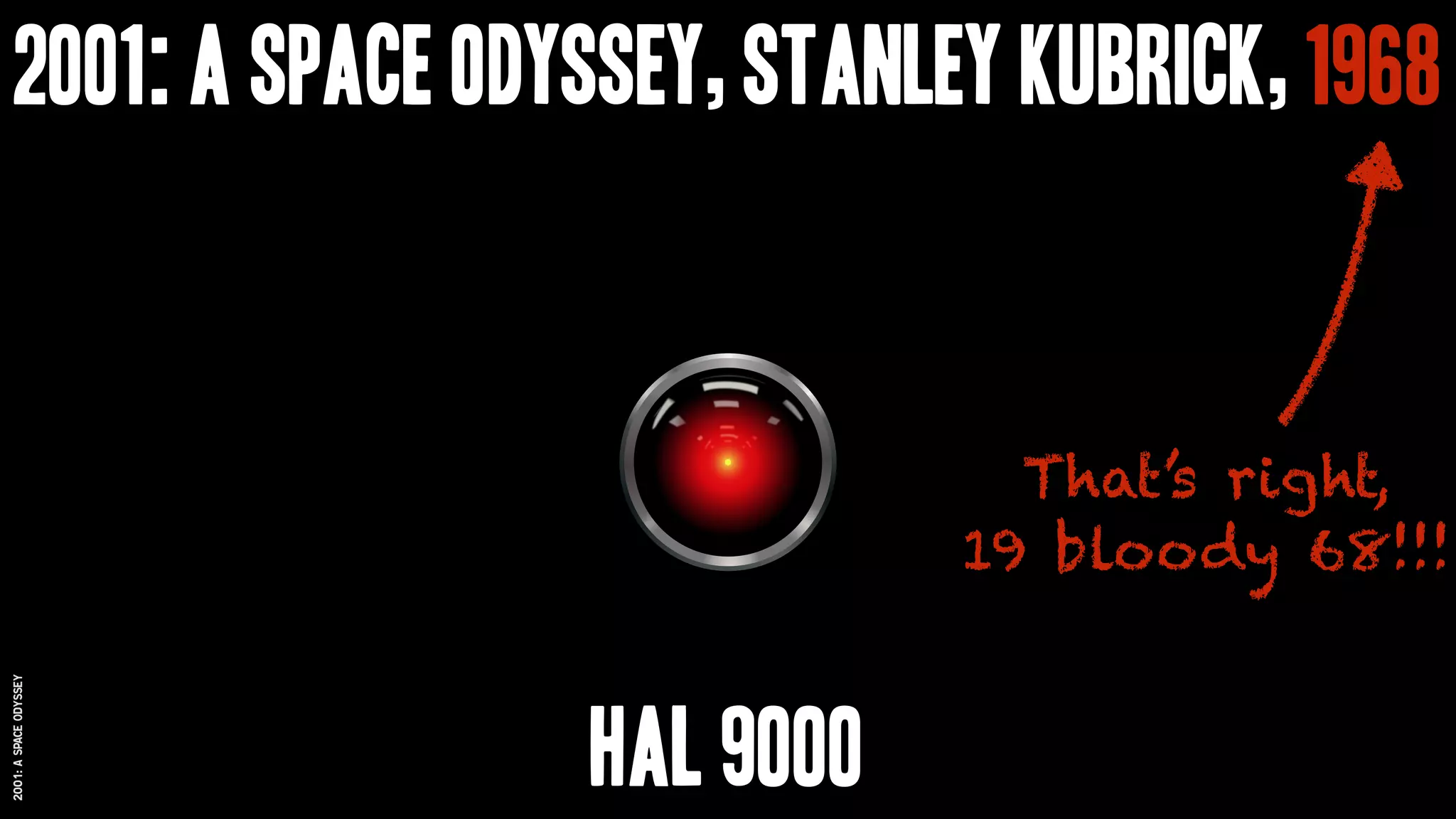2001:Aspaceodyssey
2001: A space odyssey, Stanley Kubrick, 1968
That’s right,  
19 bloody 68!!!
HAL 9000
 