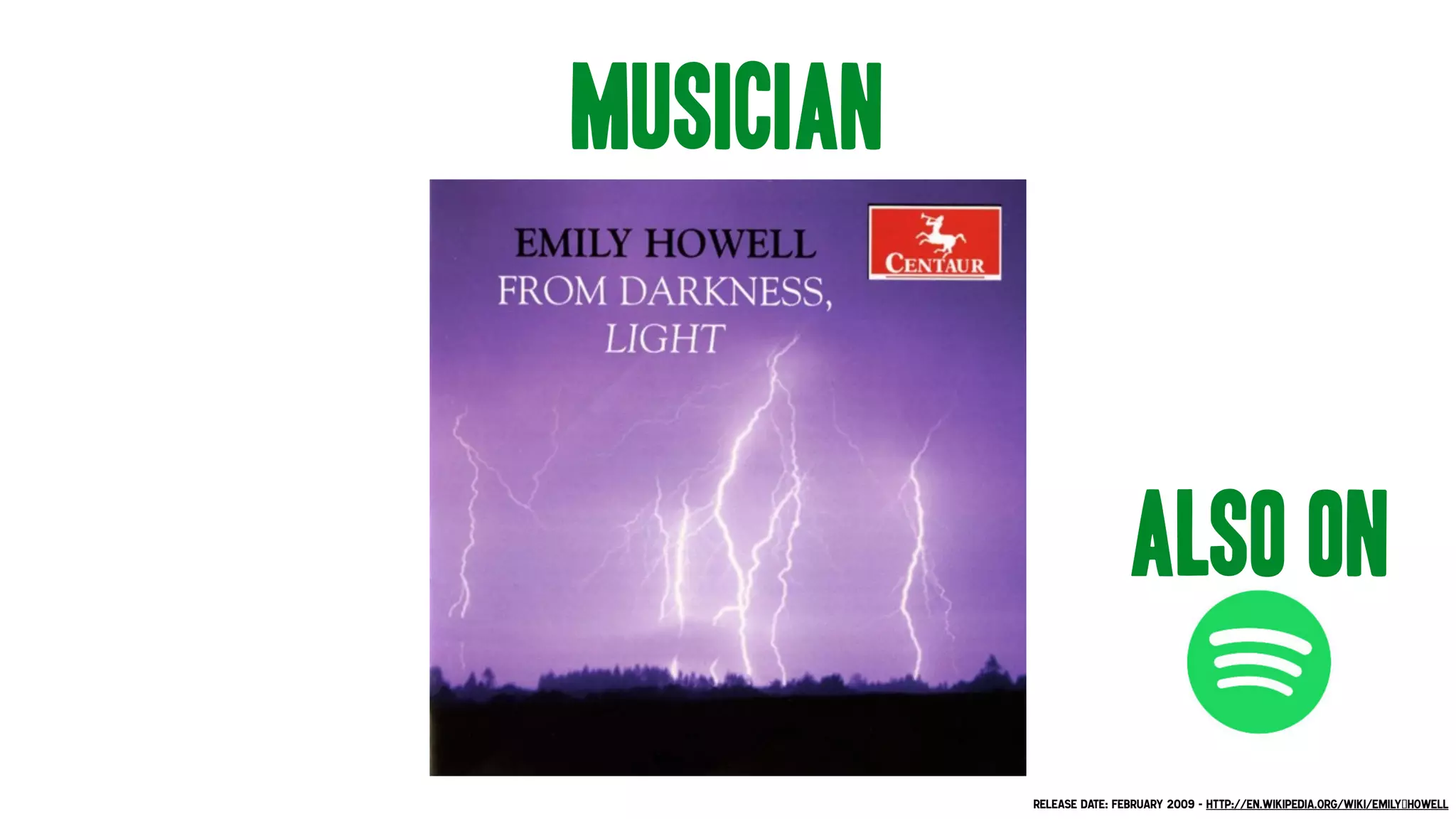 Musician
Release date: February 2009 - http://en.wikipedia.org/wiki/Emily_Howell
also on
 