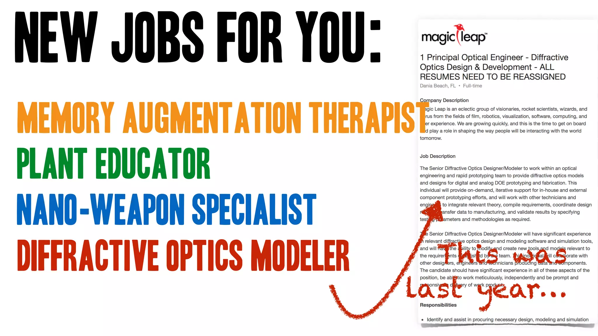 memory augmentation therapist
plant educator
nano-weapon specialist
diffractive optics modeler
New Jobs for you:
This was
last year…
 