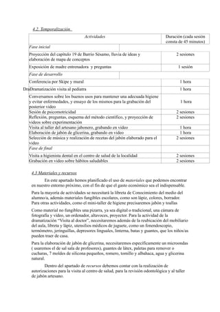 4.2. Temporalización 
Actividades Duración (cada sesión 
consta de 45 minutos) 
Fase inicial 
Proyección del capítulo 19 de Barrio Sésamo, lluvia de ideas y 
elaboración de mapa de conceptos 
2 sesiones 
Exposición de madre entrenadora y preguntas 1 sesión 
Fase de desarrollo 
Conferencia por Skipe y mural 1 hora 
DraDramatización visita al pediatra 1 hora 
Conversamos sobre los buenos usos para mantener una adecuada higiene 
y evitar enfermedades, y ensayo de los mismos para la grabación del 
posterior video 
1 hora 
Sesión de psicomotricidad 2 sesiones 
Reflexión, preguntas, esquema del método científico, y proyección de 
2 sesiones 
videos sobre experimentación 
Visita al taller del artesano jabonero, grabando en video 1 hora 
Elaboración de jabón de glicerina, grabando en video 1 hora 
Selección de música y realización de recetas del jabón elaborado para el 
video 
2 sesiones 
Fase de final 
Visita a higienista dental en el centro de salud de la localidad 2 sesiones 
Grabación en video sobre hábitos saludables 2 sesiones 
4.3 Materiales y recursos 
En este apartado hemos planificado el uso de materiales que podemos encontrar 
en nuestro entorno próximo, con el fin de que el gasto económico sea el indispensable. 
Para la mayoría de actividades se necesitará la libreta de Conocimiento del medio del 
alumno/a, además materiales fungibles escolares, como son lápiz, colores, borrador. 
Para otras actividades, como el mini-taller de higiene precisaremos jabón y toallas 
Como material no fungibles una pizarra, ya sea digital o tradicional, una cámara de 
fotografía y vídeo, un ordenador, altavoces, proyector. Para la actividad de la 
dramatización “Visita al doctor”, necesitaremos además de la reubicación del mobiliario 
del aula, libreta y lápiz, utensilios médicos de juguete, como un fonendoscopio, 
termómetro, jeringuillas, depresores linguales, linterna, batas y guantes, que los niños/as 
pueden traer de casa. 
Para la elaboración de jabón de glicerina, necesitaremos específicamente un microondas 
( usaremos el de sal sala de profesores), guantes de látex, paletas para remover o 
cucharas, 7 moldes de silicona pequeños, romero, tomillo y albahaca, agua y glicerina 
natural. 
Dentro del apartado de recursos debemos contar con la realización de 
autorizaciones para la visita al centro de salud, para la revisión odontológica y al taller 
de jabón artesano. 
 