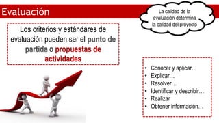 Evaluación La calidad de la
evaluación determina
la calidad del proyecto
Los criterios y estándares de
evaluación pueden ser el punto de
partida o propuestas de
actividades
• Conocer y aplicar…
• Explicar…
• Resolver…
• Identificar y describir…
• Realizar
• Obtener información…
 