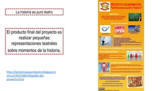 La historia es puro teatro
http://lahistoriaespuroteatro.blogspot.c
om.es/2015/08/infografia-del-
proyecto.html
El producto final del proyecto es
realizar pequeñas
representaciones teatrales
sobre momentos de la historia.
 