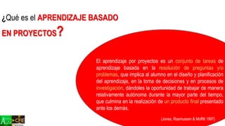El aprendizaje por proyectos es un conjunto de tareas de
aprendizaje basada en la resolución de preguntas y/o
problemas, que implica al alumno en el diseño y planificación
del aprendizaje, en la toma de decisiones y en procesos de
investigación, dándoles la oportunidad de trabajar de manera
relativamente autónoma durante la mayor parte del tiempo,
que culmina en la realización de un producto final presentado
ante los demás.
(Jones, Rasmussen & Moffitt 1997)
¿Qué es el APRENDIZAJE BASADO
EN PROYECTOS?
 
