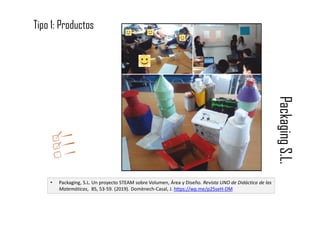 PackagingS.L.
• Packaging, S.L. Un proyecto STEAM sobre Volumen, Área y Diseño. Revista UNO de Didáctica de las
Matemáticas, 85, 53-59. (2019). Domènech-Casal, J. https://wp.me/p25seH-DM
Tipo 1: Productos
 