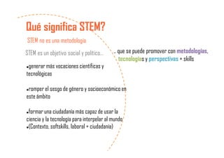 Qué significa STEM?
STEM no es una metodología
generar más vocaciones científicas y
tecnológicas
romper el sesgo de género y socioeconómico en
este ámbito
formar una ciudadanía más capaz de usar la
ciencia y la tecnología para interpelar al mundo
(Contexto, softskills, laboral + ciudadanía)
STEM es un objetivo social y político… .. que se puede promover con metodologías,
tecnologías y perspectivas + skills
 