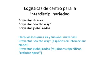 Logísticas de centro para la
interdisciplinariedad
Proyectos de área
Proyectos "on the way"
Proyectos globalizados
Horarios (sesiones 2h y fusionar materias)
Proyectos "on the way" (espacios de interacción:
Nodos)
Proyectos globalizados (reuniones específicas,
"reclutar horas").
 