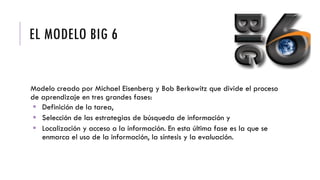 EL MODELO BIG 6
Modelo creado por Michael Eisenberg y Bob Berkowitz que divide el proceso
de aprendizaje en tres grandes fases:
 Definición de la tarea,
 Selección de las estrategias de búsqueda de información y
 Localización y acceso a la información. En esta última fase es la que se
enmarca el uso de la información, la síntesis y la evaluación.
 