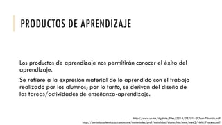 PRODUCTOS DE APRENDIZAJE
Los productos de aprendizaje nos permitirán conocer el éxito del
aprendizaje.
Se refiere a la expresión material de lo aprendido con el trabajo
realizado por los alumnos; por lo tanto, se derivan del diseño de
las tareas/actividades de enseñanza-aprendizaje.
http://www.uv.mx/dgdaie/files/2014/03/U1.-2Chan-Tiburcio.pdf
http://portalacademico.cch.unam.mx/materiales/prof/matdidac/sitpro/hist/mex/mex2/HMII/Proceso.pdf
 