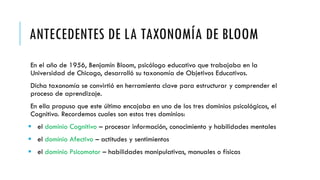 ANTECEDENTES DE LA TAXONOMÍA DE BLOOM
En el año de 1956, Benjamín Bloom, psicólogo educativo que trabajaba en la
Universidad de Chicago, desarrolló su taxonomía de Objetivos Educativos.
Dicha taxonomía se convirtió en herramienta clave para estructurar y comprender el
proceso de aprendizaje.
En ella propuso que este último encajaba en uno de los tres dominios psicológicos, el
Cognitivo. Recordemos cuales son estos tres dominios:
 el dominio Cognitivo – procesar información, conocimiento y habilidades mentales
 el dominio Afectivo – actitudes y sentimientos
 el dominio Psicomotor – habilidades manipulativas, manuales o físicas
 