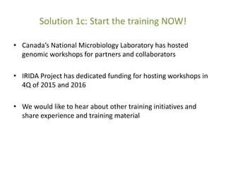 Solution 1c: Start the training NOW!
• Canada’s National Microbiology Laboratory has hosted
genomic workshops for partners...