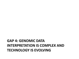 GAP 4: GENOMIC DATA
INTERPRETATION IS COMPLEX AND
TECHNOLOGY IS EVOLVING
 