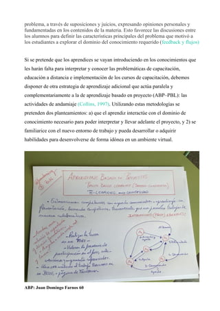 problema, a través de suposiciones y juicios, expresando opiniones personales y
fundamentadas en los contenidos de la materia. Esto favorece las discusiones entre
los alumnos para definir las características principales del problema que motivó a
los estudiantes a explorar el dominio del conocimiento requerido (feedback y flujos)
Si se pretende que los aprendices se vayan introduciendo en los conocimientos que
les harán falta para interpretar y conocer las problemáticas de capacitación,
educación a distancia e implementación de los cursos de capacitación, debemos
disponer de otra estrategia de aprendizaje adicional que actúa paralela y
complementariamente a la de aprendizaje basado en proyecto (ABP–PBL): las
actividades de andamiaje (Collins, 1997). Utilizando estas metodologías se
pretenden dos planteamientos: a) que el aprendiz interactúe con el dominio de
conocimiento necesario para poder interpretar y llevar adelante el proyecto, y 2) se
familiarice con el nuevo entorno de trabajo y pueda desarrollar o adquirir
habilidades para desenvolverse de forma idónea en un ambiente virtual.
ABP: Juan Domingo Farnos 60
 