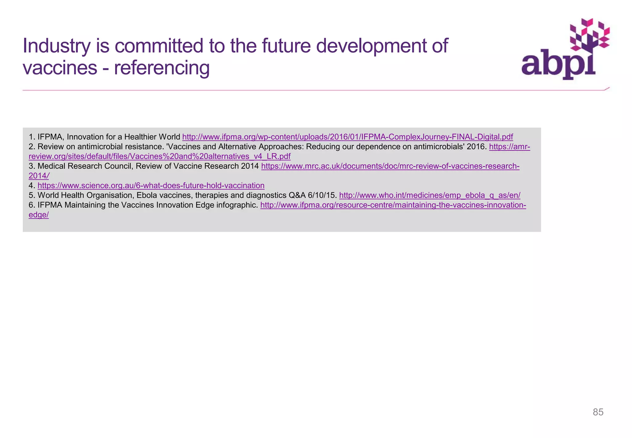 85
Industry is committed to the future development of
vaccines - referencing
1. IFPMA, Innovation for a Healthier World http://www.ifpma.org/wp-content/uploads/2016/01/IFPMA-ComplexJourney-FINAL-Digital.pdf
2. Review on antimicrobial resistance. 'Vaccines and Alternative Approaches: Reducing our dependence on antimicrobials' 2016. https://amr-
review.org/sites/default/files/Vaccines%20and%20alternatives_v4_LR.pdf
3. Medical Research Council, Review of Vaccine Research 2014 https://www.mrc.ac.uk/documents/doc/mrc-review-of-vaccines-research-
2014/
4. https://www.science.org.au/6-what-does-future-hold-vaccination
5. World Health Organisation, Ebola vaccines, therapies and diagnostics Q&A 6/10/15. http://www.who.int/medicines/emp_ebola_q_as/en/
6. IFPMA Maintaining the Vaccines Innovation Edge infographic. http://www.ifpma.org/resource-centre/maintaining-the-vaccines-innovation-
edge/
 