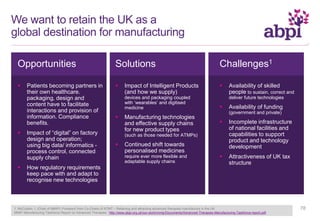 We want to retain the UK as a
global destination for manufacturing
Opportunities
 Patients becoming partners in
their own healthcare.
packaging, design and
content have to facilitate
interactions and provision of
information. Compliance
benefits.
 Impact of “digital” on factory
design and operation;
using big data/ informatics -
process control, connected
supply chain
 How regulatory requirements
keep pace with and adapt to
recognise new technologies
Solutions
 Impact of Intelligent Products
(and how we supply)
devices and packaging coupled
with ‘wearables’ and digitised
medicine
 Manufacturing technologies
and effective supply chains
for new product types
(such as those needed for ATMPs)
 Continued shift towards
personalised medicines
require ever more flexible and
adaptable supply chains
Challenges1
 Availability of skilled
people to sustain, correct and
deliver future technologies
 Availability of funding
(government and private)
 Incomplete infrastructure
of national facilities and
capabilities to support
product and technology
development
 Attractiveness of UK tax
structure
781. McCubbin, I. (Chair of MMIP) ‘Foreword from Co-Chairs of ATMT – Retaining and attracting advanced therapies manufacture in the UK
MMIP Manufacturing Taskforce Report on Advanced Therapies.’ http://www.abpi.org.uk/our-work/mmip/Documents/Advanced-Therapies-Manufacturing-Taskforce-report.pdf
 