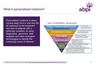 1. NHS England. Personalised Medicines Board Paper. https://www.england.nhs.uk/wp-content/uploads/2015/09/item5-board-29-09-15.pdf
What is personalised medicine?
Personalised medicine is about
moving away from a ‘one size fits
all’ approach to the treatment
and care of patients with a
particular condition, to using
diagnostics, genomics, data
analytics and other emergent
technologies to identify the
underlying cause of disease.1
79
 