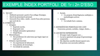 A. Qui sóc?
• Definició personal a partir d’un collage d'imatges.
• Escrit de presentació personal.
• Gravació d’un vídeo , àudio , escrit d’una altra persona
que xerri de tú.
B. CURRICULO
• Llengües
 Expresió escrita.
 Expressió oral.
 Treball sistemàtic (gràmatica)
 Trball lliure.
 Matemàtiques
 Dos problemes de cada tema que hagin sigut un
repte per tú
 Ciències experimentals
 Un experiment de laboratori.
 Una pràctica de tecnologia.
 Un treball de naturals.
 Socials.
 Un projecte d’intel·ligències múltiples o
metodologies actives.
 Artístic
 Un treball d’art o música.
C. EXPERIÈNCIES PERSONALS DE L’ANY
Concursos, premis, sortides, viatges, festes,...
D. LES MEVES IMPRESSIONS
• El major repte d’aquest curs ...
• La meva aportació als grups d’aprenentatge
cooperatiu.
• Els objectius assolits durant aquest curs.
• El pròxim curs necessito millorar.
EXEMPLE ÌNDEX PORTFOLI DE 1r i 2n D’ESO
 