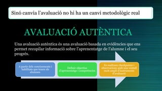 AVALUACIÓ AUTÈNTICA
Sinó canvia l’avaluació no hi ha un canvi metodològic real
Una avaluació autèntica és una avaluació basada en evidències que ens
permet recopilar informació sobre l’aprenentatge de l’alumne i el seu
progrés.
A partir dels coneixements i
habilitats que tenen els
alumnes.
Definir objectius
d’aprenentatge i competències
Es realitzen checkpoints i
observacions amb una ventall
molt ampli d'instruments
d’avaluació
 