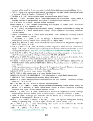 enseñanza médica actual. En Revista electrónica PostGrado. Universidad Autónoma de Guadalajara, México.
— (2001b): “Formación de maestros en didáctica de la matemática para educación infantil y el aprendizaje basado
en problemas”. Boletín de Estudios e Investigación Nº 2, 55-62.
GONZÁLEZ, Mª P. (1997). Psicología de los grupos: teoría y aplicación. Madrid: Síntesis.
HARLAND, T. (2003). “V
ygotsky´s Zone of Proximal Development and Problem-based Learning: linking as
theoretical concept with practice through action research”. Teaching in Higher Education, 2, 263-272.
HERON, J. (1989). The facilitator´s handbook. London: Kogan Page.
HMELO-SILVER, C.E. (2004). “Problem-Based Learning: What and How Do Students Learn?” Educational
Psichology, V
ol. 16, Nº 3. September, 235-266.
— & LIN, X. (2004). “Becoming Self-Directed Learners. Strategy Development in Problem Based Learning” En
D. H. Evensen & C.E. Hmelo. Problem-Based Learning: A research prespective on Learning Interactions.
Lawrence Erlbaum.
— (2002). “Collaborative ways of knowing issues in facilitation”. En G. Stanhl (Ed.): Proceedings of CSCL
2002. Erlbaum, Hillsdale, NJ, 199-208.
— y BARROWS, H. S. (2006). “Goals and Strategies of Problem-based Learning Facilitator”. The
Interdisciplinary Journal of Problem-based Learning, vol.1, nº 1 (Spring 2006).
HODSON, D. y HODSON, J. (1998). “From constructivism to social constructivism: AV
ygotskian perspective”.
School Science Review, 79, 33-46.
HOGAN, K. y PRESSLEY, M. (1997). “Scaffolding scientific competencias within classroom communities of
inquiry”. En K. Hogan y M. Pressley (eds). Scaffolding students learning: instructional approaches an issues.
Cambridge: Brookling Books. http://www.nmsa.org/Publications/RMLEOnline/tabid/101/Default.aspx
HUGO DUEÑAS, V
. (2004). “El aprendizaje basado en problemas como enfoque pedagógico en la educación en
salud”. Documento presentado en el Congreso Internacional PBL 2006 ABL. PUCP.
ILEANA, P. et al. (2000). “Aprendizaje basado en problemas validación de un instrumento de evaluación. Anales
de la Facultad de Medicina. Universidad Mayor de San Marcos. México, V
ol.61, 3.
INSTITUTO TECNOLÓGICO Y DE ESTUDIO SSUPERIORES DE MONTERREY. DIRECCIÓN DE
INVESTIGACIÓN Y DESARROLLO EDUCA
TIVO (ITESM). El aprendizaje basado en problemas como
técnica didáctica.
— (1999). Aprendizaje basado en problemas. Dirección de Investigación y Desarrollo Educativo. Vicerrectoría
Académica, Instituto Tecnológico y de Estudios Superiores de Monterrey, México.
JAQUES, D. (1991). Learning in groups. London: Croom Helm.
JARVIS, P. (1995). Adult learning in the social context. London: Croom Helm.
JOHNSON D., JOHNSON, R. y HOLUBEC, E. (1999). El aprendizaje en el aula. Paidós, Buenos Aires.
— y FRANK, J. (1999). Learning together an Alone. Boston: Allyn&Bacon.
JONASSEN, H. (2003): “Designing Research-Based Instruction for Store Problems”. Educational Psycology
Review, V
ol 15, nº 3, 267-296.
JOYCE, B. y WEIL, M. (2002). Modelos de enseñanza. Barcelona: Gedisa.
KELSON, A. y DISTLEHORST, L. (2000). “Groups in Problem-Based Learning: Essential elements in theory and
practice”. En: D. Evensen y C. Hmelo. Problem-Based Learning. A Research Perspective on Learning
Interactions. New Jersey: Lawrence Erlbaum Associates, 167-184.
KNESER, C. y PLOETZNER, R. (2001). “Collaboration on the basis of complementary domain knowledge:
observed dialogue structures and their relation to learning success”. Learning and Instruction, 11, 53-83.
KOLMOS, A. (2004). “Estrategias para desarrollar currículos basados en la formulación de problemas y
organizados en base a proyectos”. Educar, nº 33, 77-96.
KREBER, C., CASTLEDEN, H, ERFANI, N. WRIGHT, T. (2005). “Self regulated learning about university
teaching: an exploratory study”. Teaching in Higher Education, V
ol. 10, nº 1, January, 75-97.
LAM, S.; YIN, P y LAM, T. (2002). “Transforming school cultura: can trae collaboration be initiated?”
Educational Research, 44 (2), 181-195.
LEWIS, E. (2003). “Issue-Based Teaching in Science Education”. Consulta en:
www.actionbioscience.org/education/lewis.html
160
 