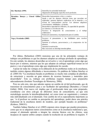 Des Marchais (1999) Intensifica la curiosidad intelectual.
Adquisición del lenguaje específico de la profesión.
Bernabeu T
amayo y Cónsul Gilibet
(2004)
Desarrolla el pensamiento crítico y creativo.
Ayuda a que los alumnos detecten áreas que necesitan ser
exploradas, generan hipótesis explicativas de la situación y se
revisan los conocimientos previos. Los alumnos adquieren
conocimientos, habilidades y actitudes.
Desarrolla la capacidad de reflexión y la capacidad de aprender.
Los alumnos se involucran más.
Favorece la integración de conocimientos y el trabajo
colaborativo.
Potencia la autonomía y la preparación para el cambio.
Vega y Fernández (2005) Favorece el pensamiento y las habilidades para resolver
problemas.
Aumenta el esfuerzo, perseverancia y el compromiso de los
alumnos.
Aumenta la motivación.
Hace necesario un abordaje interdisciplinar.
Por último, Richardson (2005) menciona que una de las principales ventajas de
trabajar con problemas es que los alumnos adoptan un enfoque profundo de aprendizaje.
En este sentido, los alumnos desarrollan un rol activo y ven el aprendizaje como algo que
hacen por sí mismos, mientras que los que adoptan un enfoque superficial toman un rol
pasivo y ven el aprendizaje como algo que simplemente les sucede.
A pesar de todas las ventajas en la utilización de los problemas reales en la enseñanza,
también existen algunas dificultades e inconvenientes. En palabras de Salinas Sánchez et
al. (2005:10): “La enseñanza basada en problemas es mucho más compleja de planificar,
de estructurar y necesita un gran número de recursos humanos y materiales para
desarrollarla”. Esto es, trabajar con problemas requiere tiempo para prepararlos
adecuadamente (Instituto Tecnológico de Monterrey, 2006).
Pero no solo esto, sino que además supone un cambio de rol del profesorado, que de
transmisor de conocimientos pasa a ser facilitador del aprendizaje (Bernabeu y Cónsul
Giribel, 2004). Este nuevo rol, implica que el profesorado tiene que estar preparado,
coordinarse con otros cole-gas de diferentes áreas de conocimiento, ya que esta
metodología necesita la interdisciplinariedad, así como tener un seguimiento y contacto
más individualizado con el alumnado. Este cambio de rol es especialmente importante ya
que “si el profesor no cambia su percepción del aprendizaje, podrá darse una práctica
tradicional de la enseñanza dentro de modelos, por ejemplo basados en problemas”
(Kolmos, 2004:91).
También Salinas Sánchez et al. (2005) exponen otros riesgos que pueden presentarse,
como que no se adquieran tantos conocimientos como en la enseñanza tradicional y que,
aunque el alumnado aprenda a integrar las ciencias básicas con las clínicas, sean
incapaces de separar ambos campos cuando la resolución de un problema lo requiere. Y
43
 