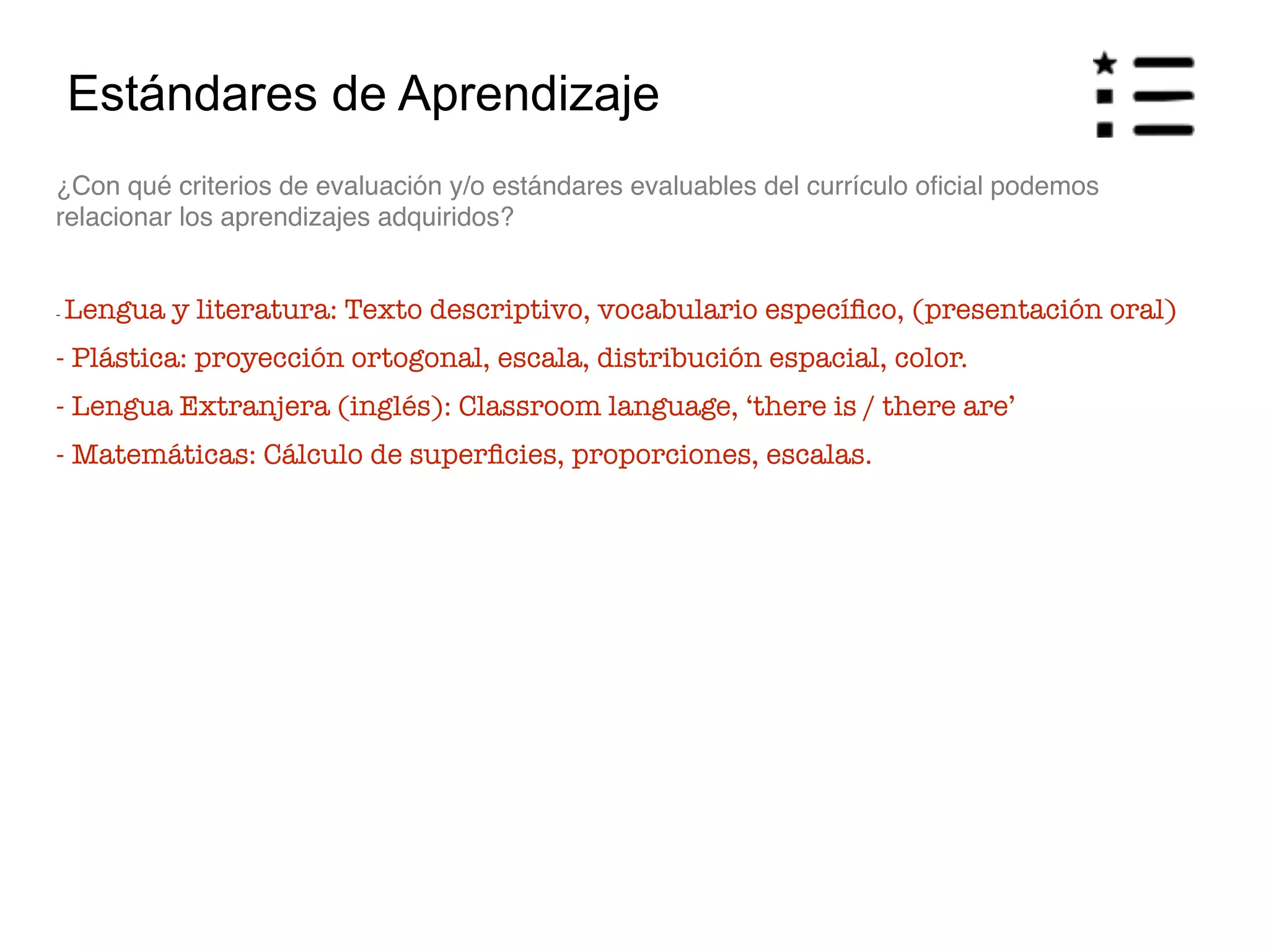 Estándares de Aprendizaje
¿Con qué criterios de evaluación y/o estándares evaluables del currículo oﬁcial podemos
relacionar los aprendizajes adquiridos?
- Lengua y literatura: Texto descriptivo, vocabulario especíﬁco, (presentación oral)
- Plástica: proyección ortogonal, escala, distribución espacial, color.
- Lengua Extranjera (inglés): Classroom language, ‘there is / there are’
- Matemáticas: Cálculo de superﬁcies, proporciones, escalas.
 