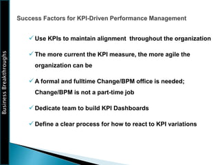 Business
Breakthroughs
Use KPIs to maintain alignment throughout the organization
The more current the KPI measure, the more agile the
organization can be
A formal and fulltime Change/BPM office is needed;
Change/BPM is not a part-time job
Dedicate team to build KPI Dashboards
Define a clear process for how to react to KPI variations
 