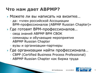 

Можете ли вы написать на визитке…
◦ да: «член российской Ассоциации
BPM-профессионалов (ABPMP Russian Chapter)»



Где готовят BPM-профессионалов…
◦ свод знаний ABPMP BPM CBOK
◦ семинары и обучающие мероприятия
ABPMP Russian Chapter
◦ вузы и организации-партнеры



Где организации найти профессионала…
◦ CBPP (Certified Business Process Professional)
◦ ABPMP Russian Chapter как биржа труда

AH Conferences

12.12.2013

5

 