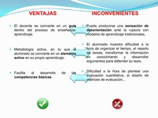 VENTAJAS INCONVENIENTES
 El docente se convierte en un guía
dentro del proceso de enseñanza-
aprendizaje.
 Metodología activa, en la que el
alumnado se convierte en un elemento
activo en su propio aprendizaje.
 Facilita el desarrollo de las
competencias básicas.
 Puede producirse una sensación de
desorientación ante la ruptura con
modelos de aprendizaje tradicionales.
 El alumnado muestra dificultad a la
hora de organizar el tiempo, el reparto
de tareas, transformar la información
en conocimiento y desarrollar
argumentos para defender su tesis.
 Dificultad a la hora de plantear una
evaluación cuantitativa, el diseño de
matrices de evaluación...
 