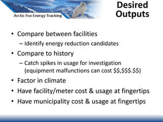 • Compare between facilities
– Identify energy reduction candidates
• Compare to history
– Catch spikes in usage for investigation
(equipment malfunctions can cost $$,$$$.$$)
• Factor in climate
• Have facility/meter cost & usage at fingertips
• Have municipality cost & usage at fingertips
Desired
Outputs
 