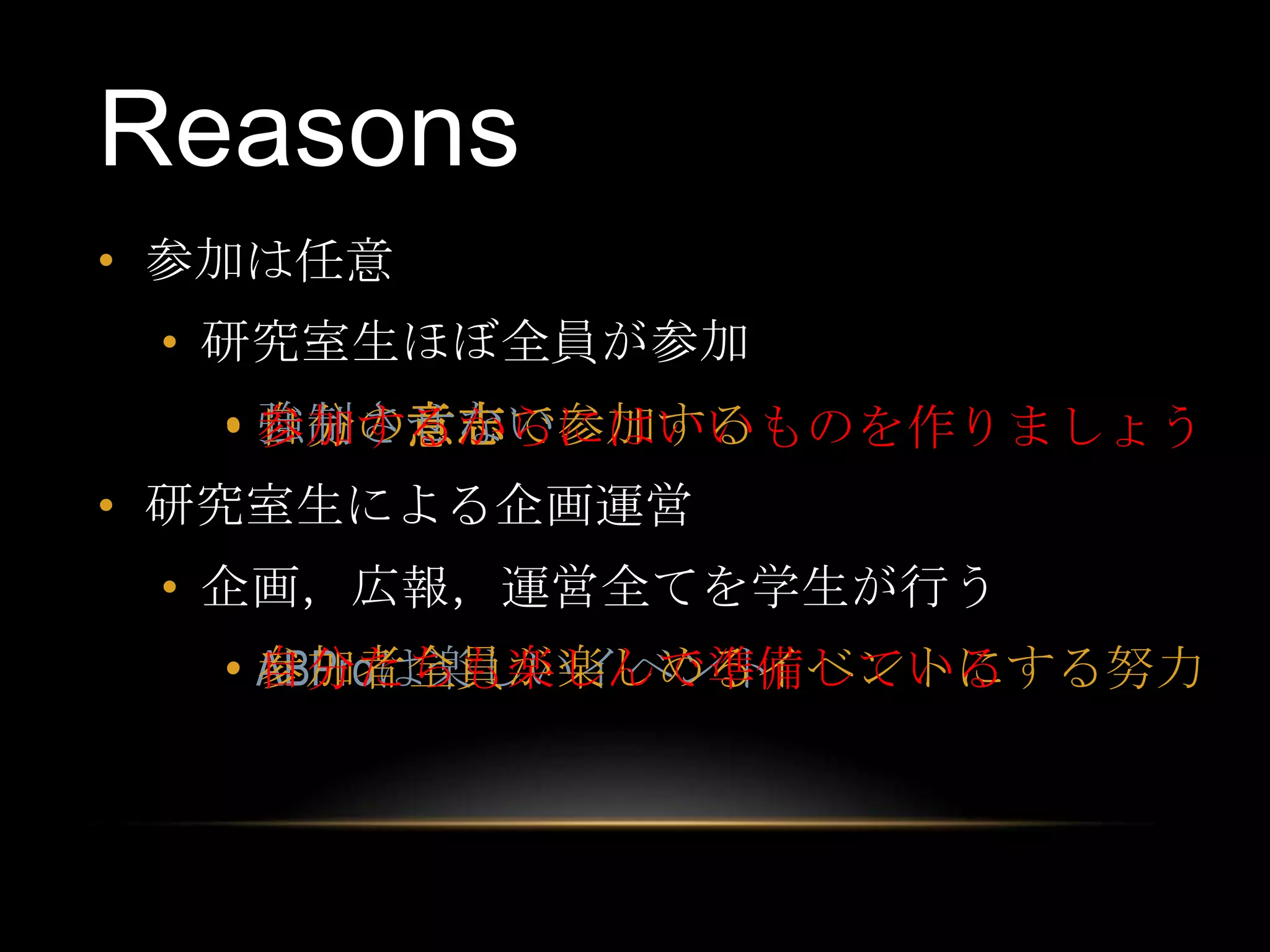 Reasons
• 参加は任意
 • 研究室生ほぼ全員が参加
  • 強制させない
    自分の意志で参加する
    参加するからにはいいものを作りましょう
• 研究室生による企画運営
 • 企画，広報，運営全てを学生が行う
  • ABProは楽しいイベント
    参加者全員が楽しめるイベントにする努力
    自分たちも楽しんで準備している
 