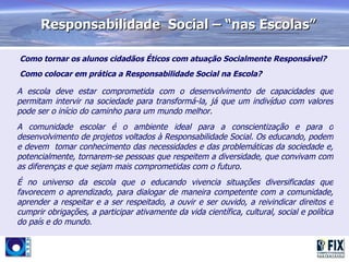 Responsabilidade Social – “nas Escolas”

Como tornar os alunos cidadãos Éticos com atuação Socialmente Responsável?
Como colocar em prática a Responsabilidade Social na Escola?

A escola deve estar comprometida com o desenvolvimento de capacidades que
permitam intervir na sociedade para transformá-la, já que um indivíduo com valores
pode ser o início do caminho para um mundo melhor.
A comunidade escolar é o ambiente ideal para a conscientização e para o
desenvolvimento de projetos voltados à Responsabilidade Social. Os educando, podem
e devem tomar conhecimento das necessidades e das problemáticas da sociedade e,
potencialmente, tornarem-se pessoas que respeitem a diversidade, que convivam com
as diferenças e que sejam mais comprometidas com o futuro.
É no universo da escola que o educando vivencia situações diversificadas que
favorecem o aprendizado, para dialogar de maneira competente com a comunidade,
aprender a respeitar e a ser respeitado, a ouvir e ser ouvido, a reivindicar direitos e
cumprir obrigações, a participar ativamente da vida científica, cultural, social e política
do país e do mundo.
 