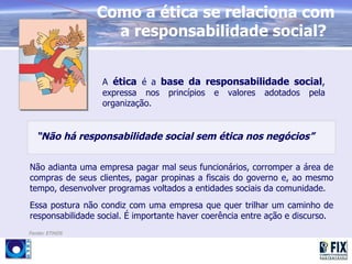 Como a ética se relaciona com
                  a responsabilidade social?


                  A ética é a base da responsabilidade social,
                  expressa nos princípios e valores adotados pela
                  organização.


  “Não há responsabilidade social sem ética nos negócios”


Não adianta uma empresa pagar mal seus funcionários, corromper a área de
compras de seus clientes, pagar propinas a fiscais do governo e, ao mesmo
tempo, desenvolver programas voltados a entidades sociais da comunidade.
Essa postura não condiz com uma empresa que quer trilhar um caminho de
responsabilidade social. É importante haver coerência entre ação e discurso.
Fonte: ETHOS
 