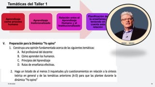 10-09-2022 18
Aprendizaje
como proceso
humano
Aprendizaje
Insticionalizado
Relación entre el
Aprendizaje
Humano y el
Institucionalizado
Planificación de
la enseñanza,
teniendo en
cuenta esta
relación
Temáticas del Taller 1
 