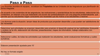 Paso a Paso
Los docentes reunidos en equipos, socializan los Propósitos de las Unidades de las Asignaturas que planificarán de
forma integrada.
De acuerdo a los contenidos de las asignaturas, las motivaciones y características de los estudiantes, seleccionan los
contenidos, en relación a los que redactarán una acción de contextualización con una pregunta problematizante, que
permite que los estudiantes hagan consciente una necesidad que les motiva a los estudiantes a resolver.
Los alumnos ante la situación, lanzan ideas de productos que proyectan desarrollar y que pueden ser satisfactores de
las necesidad
Determinar qué actividades se proponen desarrollar para propiciar el desarrollo gradual de las habilidades (búsqueda
y análisis de la info, elaboración de informes, presentaciones, mapeo de información, trabajo colaborativo con
mediaciones
Seleccionar cuáles, de todas las actividades que realizarán los estudiantes, serán evaluaciones formativas y cuales
sumativas.
Elaborar presentación ajustada para 10’
No hay un formato exigido
9/10/2022 30
 