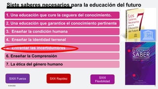 Siete saberes necesarios para la educación del futuro
1. Una educación que cure la ceguera del conocimiento.
2. Una educación que garantice el conocimiento pertinente
3. Enseñar la condición humana
4. Enseñar la identidad terrenal
5. Enfrentar las incertidumbres
6. Enseñar la Comprensión
7. La ética del género humano
10-09-2022 5
SXIX Fuerza SXX Rapidez SXXI
Flexibilidad
 