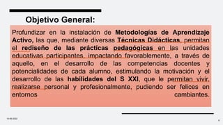 Profundizar en la instalación de Metodologías de Aprendizaje
Activo, las que, mediante diversas Técnicas Didácticas, permitan
el rediseño de las prácticas pedagógicas en las unidades
educativas participantes, impactando favorablemente, a través de
aquello, en el desarrollo de las competencias docentes y
potencialidades de cada alumno, estimulando la motivación y el
desarrollo de las habilidades del S XXI, que le permitan vivir,
realizarse personal y profesionalmente, pudiendo ser felices en
entornos cambiantes.
Objetivo General:
10-09-2022
8
 