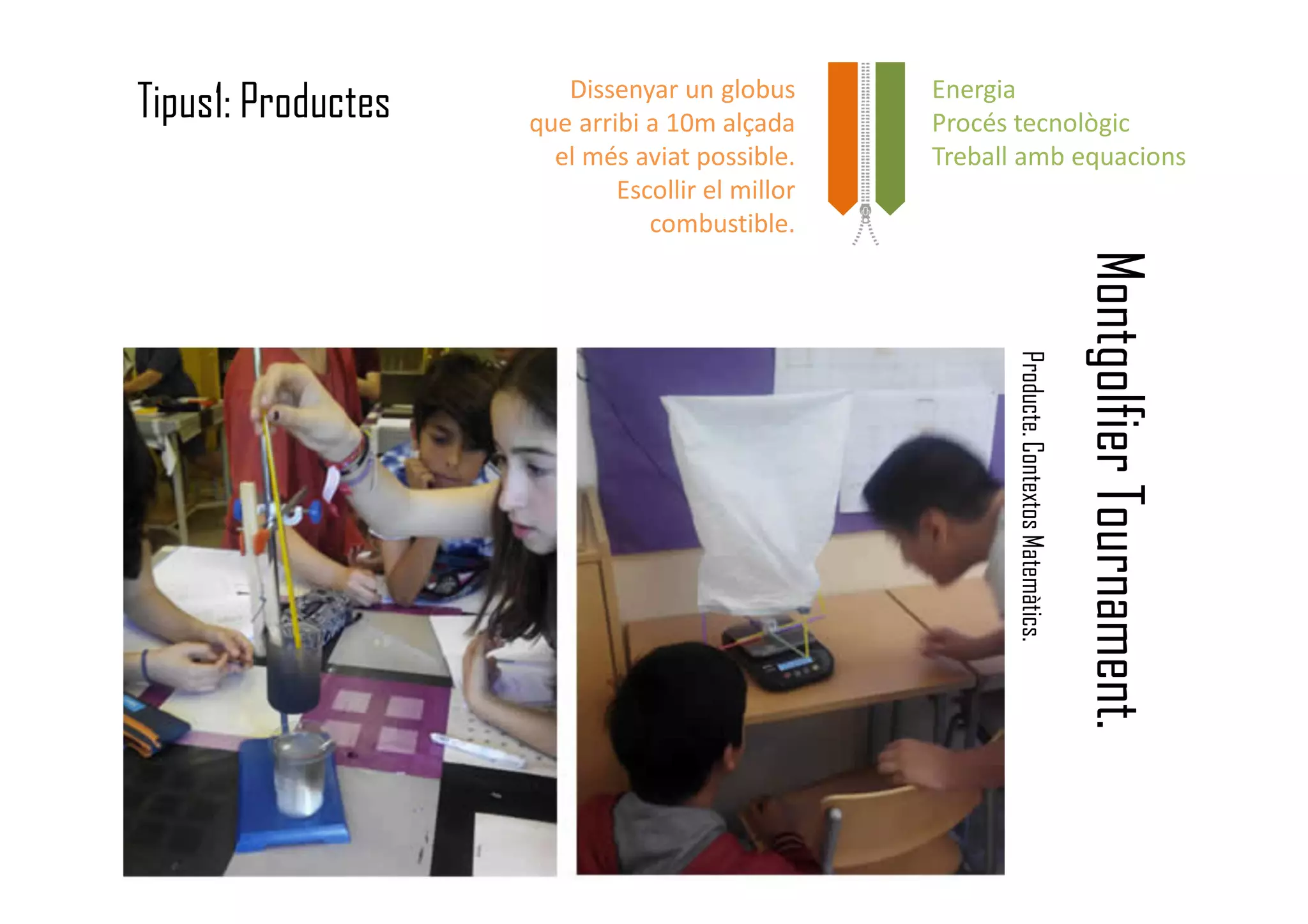 Tipus1: Productes
MontgolfierTournament.
Producte.ContextosMatemàtics.
Energia
Procés tecnològic
Treball amb equacions
Dissenyar un globus
que arribi a 10m alçada
el més aviat possible.
Escollir el millor
combustible.
 