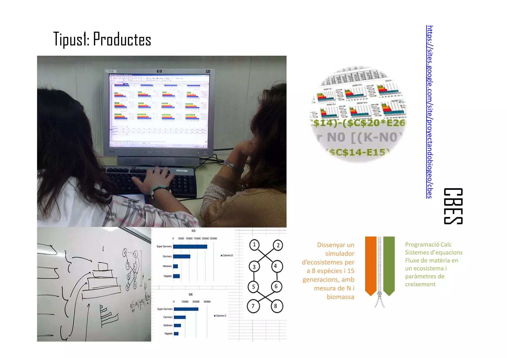 CBES
Tipus1: Productes
https://sites.google.com/site/proyectandobiogeo/cbes
Programació Calc
Sistemes d’equacions
Fluxe de matèria en
un ecosistema i
paràmetres de
creixement
Dissenyar un
simulador
d’ecosistemes per
a 8 espècies i 15
generacions, amb
mesura de N i
biomassa
 