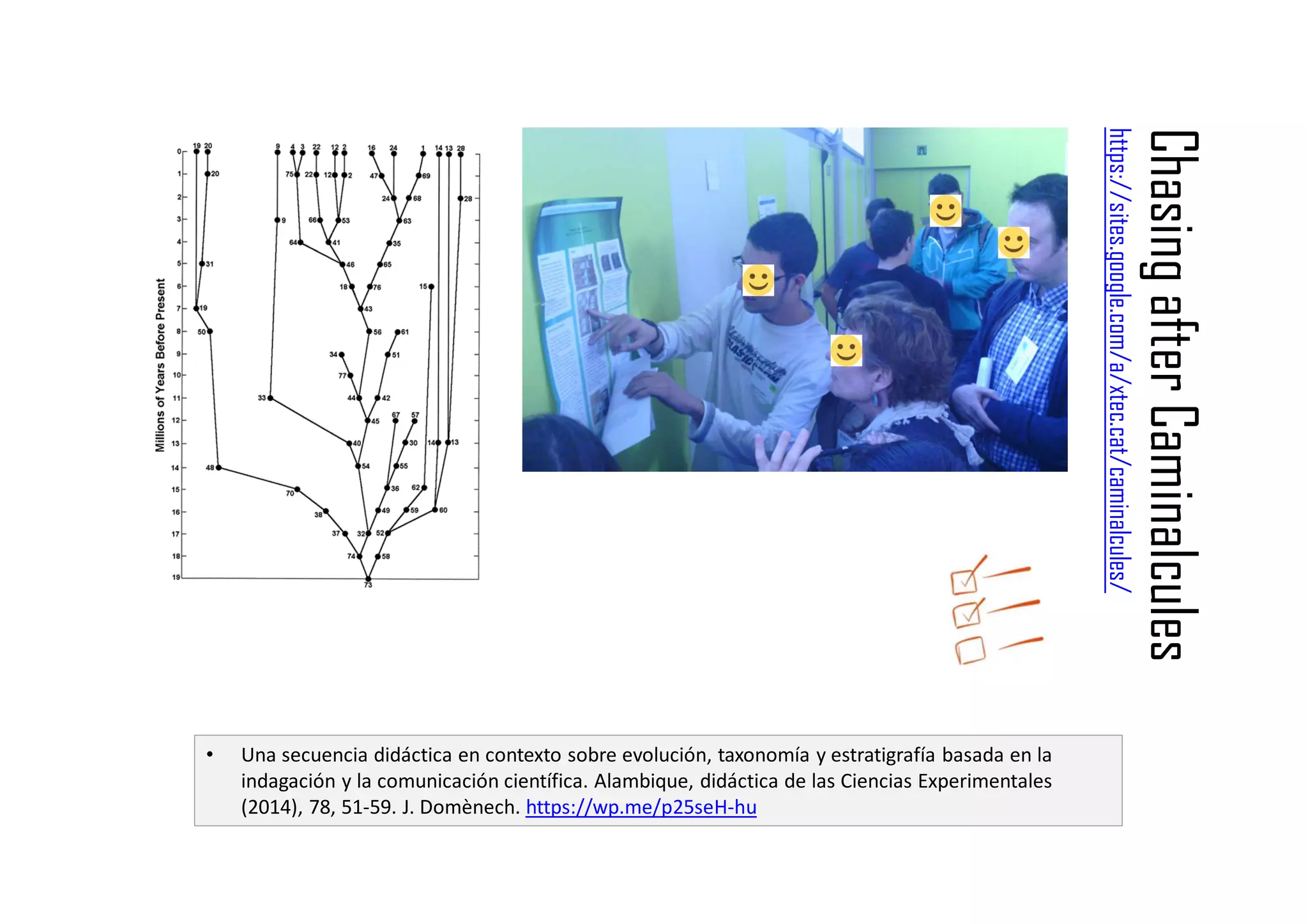 ChasingafterCaminalcules
https://sites.google.com/a/xtec.cat/caminalcules/
• Una secuencia didáctica en contexto sobre evolución, taxonomía y estratigrafía basada en la
indagación y la comunicación científica. Alambique, didáctica de las Ciencias Experimentales
(2014), 78, 51-59. J. Domènech. https://wp.me/p25seH-hu
 