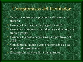 Compromisos del facilitador Tener conocimientos profundos del tema y la materia. Conocer los roles que se juegan en ABP Conocer estrategias y métodos de evaluación y de trabajo grupal. Conocer los pasos necesarios para promover el ABP Considerar al alumno como responsable de su proceso de aprendizaje. Disposición para ayudar a los alumnos. 